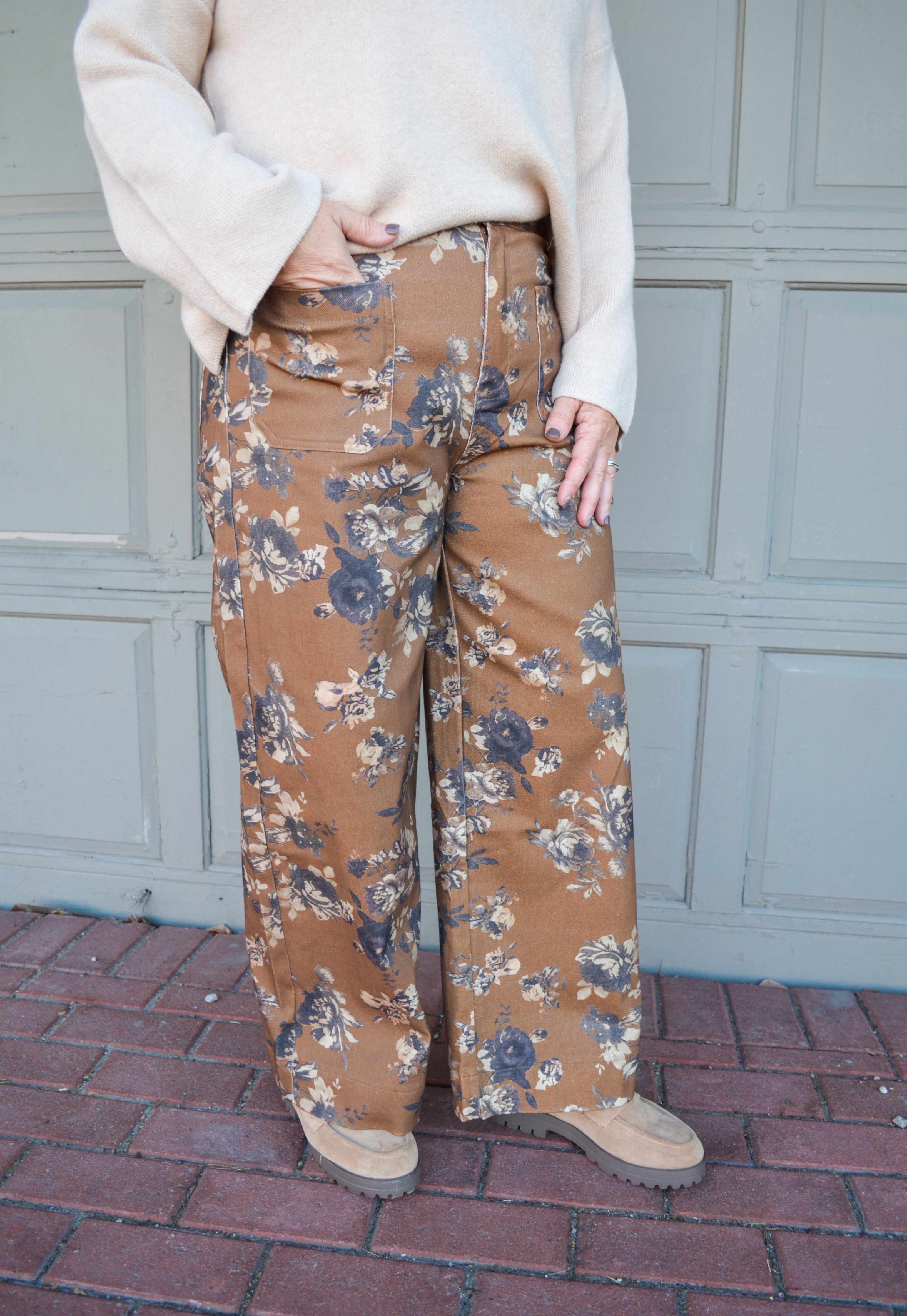Cider Tasting Floral Wide Leg Pants in Brown