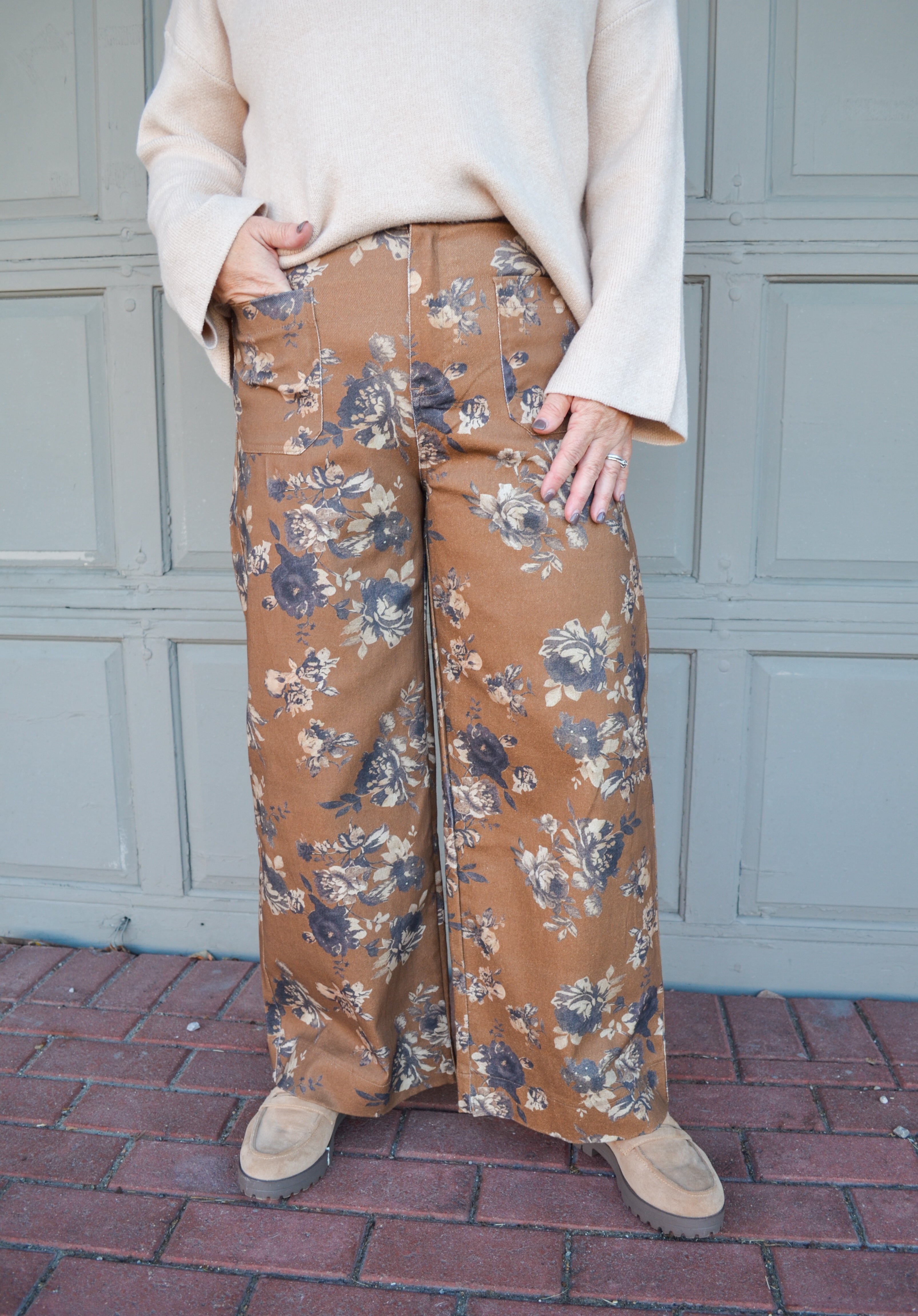 Cider Tasting Floral Wide Leg Pants in Brown