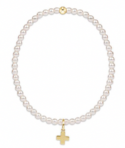 Classic Pearl 3mm Bead Bracelet Cross Gold Charm