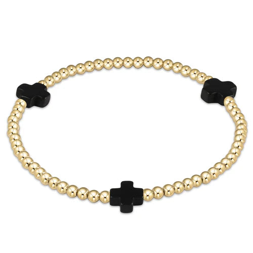 Signature Cross Gold Pattern 3mm Bead Bracelet Onyx