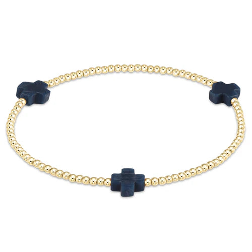 Signature Cross Gold Pattern 2mm Bead Bracelet Navy