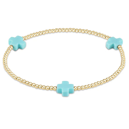 Signature Cross Gold Pattern 2mm Bead Bracelet Turquoise