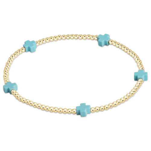 Signature Cross Small Gold Pattern 3mm Bead Bracelet Turquoise