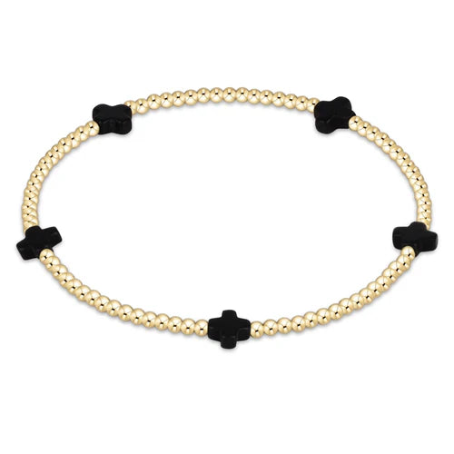 Signature Cross Small Gold Pattern 2mm Bead Bracelet Onyx