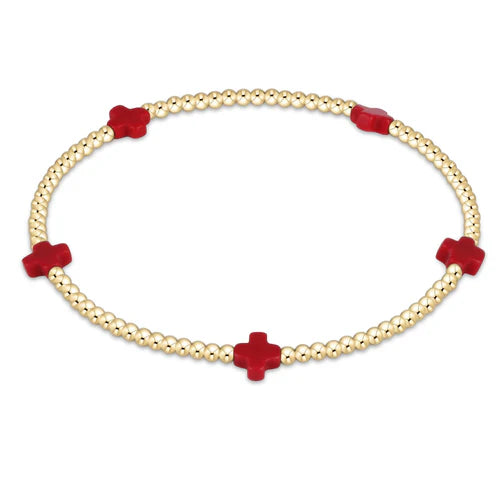 Signature Cross Small Gold Pattern 2mm Bead Bracelet Red